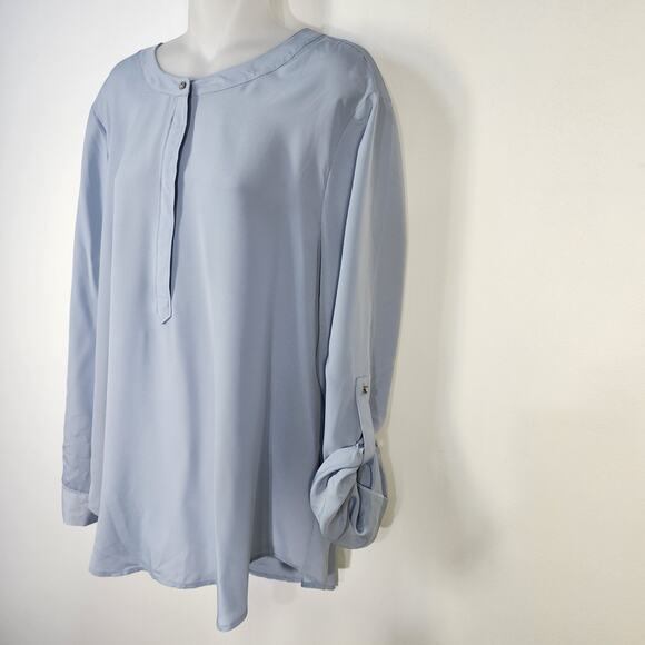 Ann Taylor Blouse Womans Size XL Blue Long Roll Tab Sleeve Popover Hidden Button - Picture 5 of 10